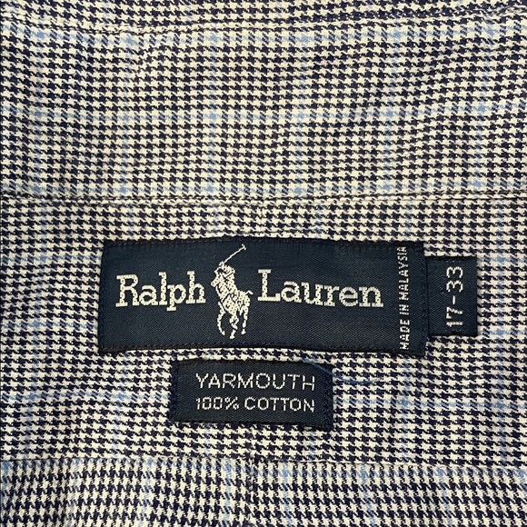 Ralph Lauren Yarmouth Mens 17/33 Navy & Blue Houndstooth Plaid 100% Cotton Woven - Picture 7 of 7